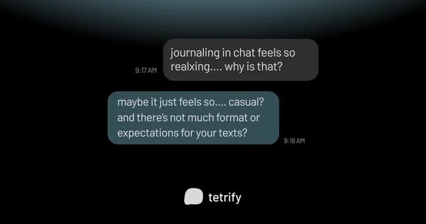 A chat which has 2 messages in it: "journaling in chat feels so realxing.... why is that?" and "maybe it just feels so.... casual? and there's not much format or expectations for your texts?"
