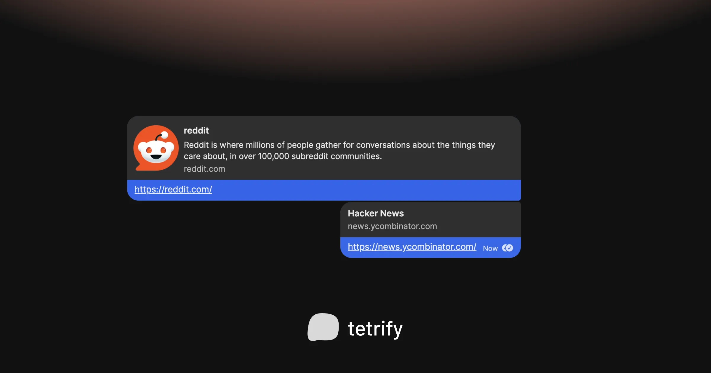 A screenshot of a chat with 2 messages sent to yourself, first message is a link to Reddit.com and the second is a link to HackerNews.